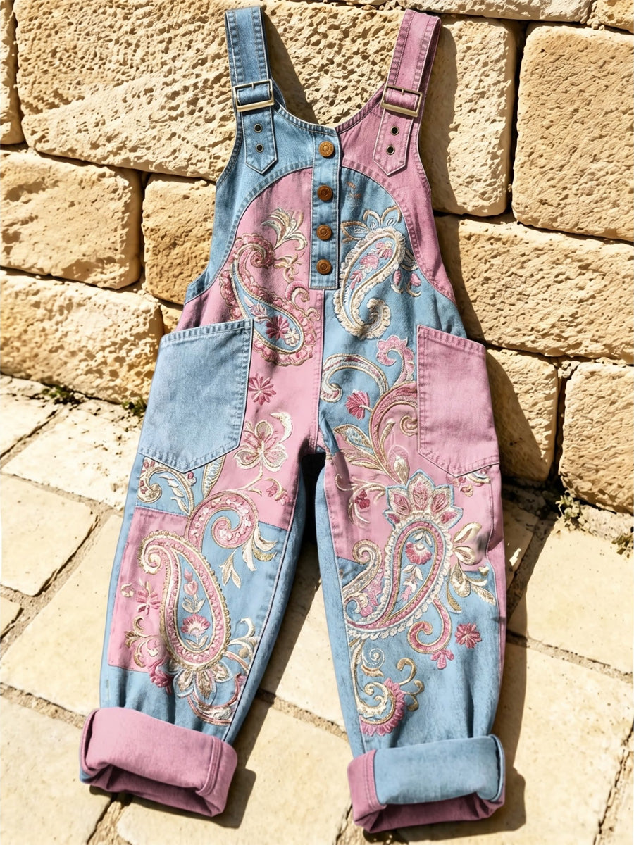 Women's Retro Style Print Washed Cotton Denim Patchwork Jumpsuit